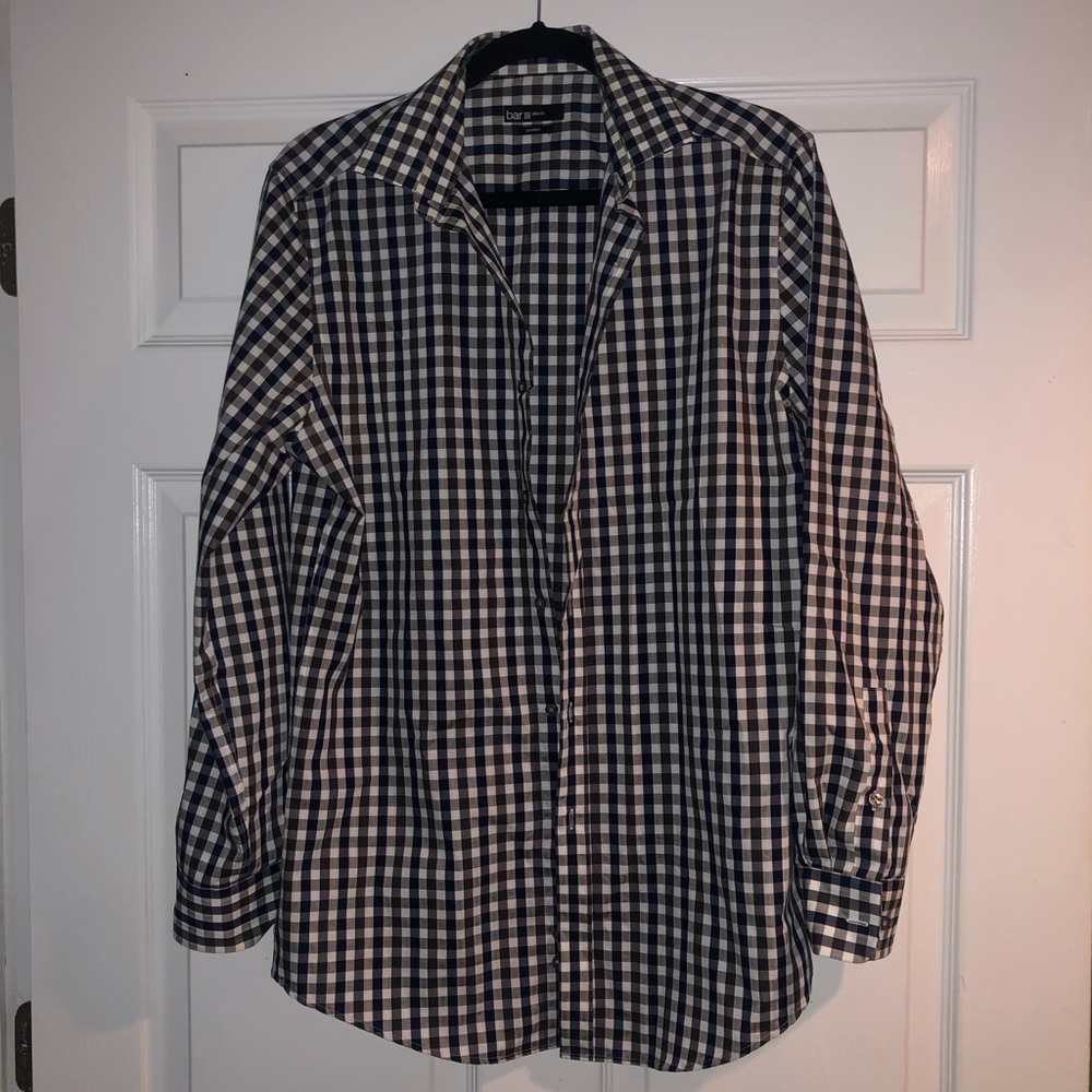 BAR III Slim Fit Stretch Blue, Grey, & White Plaid Dress Shirt